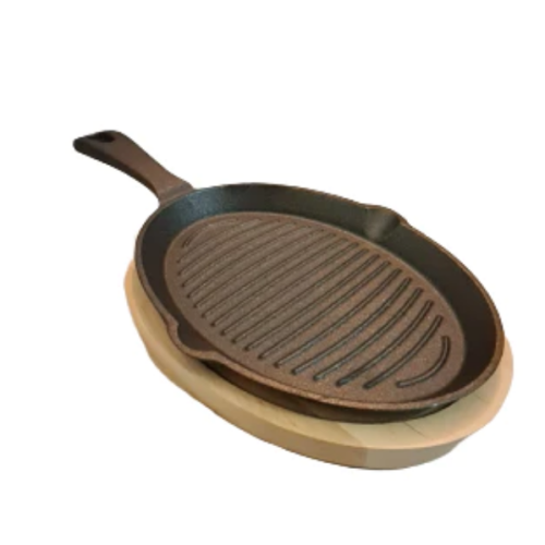 מחבת סטייק אובלי עם מעמד עץ